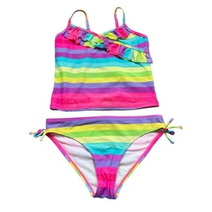 Girls M 7-8 OP Bright Rainbow Stripe Ruffle Tankini Swim Set Swimsuit - Picture 1 of 2