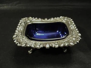 ENGLISH OLD SHEFFIELD PLATE (OSP) FUSED SILVER MASTER SALT, COBALT LINER   - Picture 1 of 8