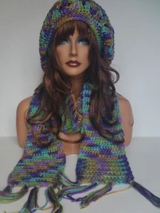 NEW PURPLE AQUA RASTA HAT AND SCARF SET BERET CLOCHE BAGGY SLOUCHY TAM HIPPIE - Picture 1 of 6