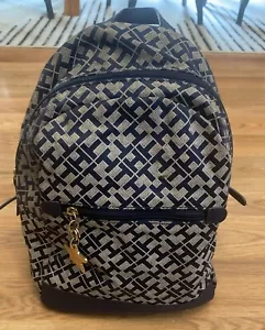 Tommy Hilfiger Logo Print Backpack Purse Navy Blue Gold Zipper Charms - Picture 1 of 22
