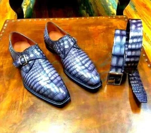 Premium Quality Alligator Print Navy Blue Leather Monk Strap Lace Up Men's shoe - Picture 1 of 9