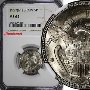 Spain Francisco Franco  1957(61) 5 Pesetas NGC MS64 BETTER DATE KM# 786 (58) - Picture 1 of 4