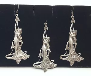 Art Nouveau Sterling Silver Lily Lady Goddess Earrings Pendant Set 925 Antique - Picture 1 of 23