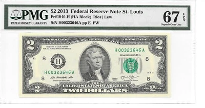 2013 ST. LOUIS $2 FRN (HA Block) PMG 67 EPQ SUPERB GEM UNCIRCULATED - Image 1 of 4