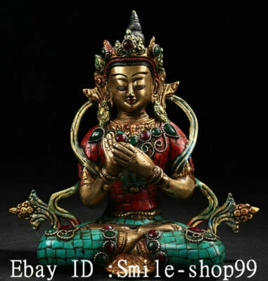 7"Old Nepal Bronze Gild Painting Gem Shakyamuni Sakyamuni Amitabha Buddha Statue - Image 1 of 4