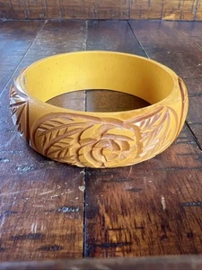 Vintage MCM tief geschnitzte Blume gelb Blumen Armreif Armband - Bild 1 von 14