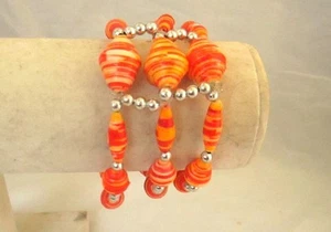 Triple Stretch Bracelet  Orange Mix Recycled Paper Bead Silver Accents 7" Flat - Picture 1 of 2