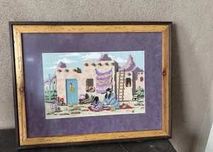 Pueblo Village enmarcado punto de aguja suroeste nativo americano. "Tejido pastel 24,5x19""" - Imagen 1 de 17