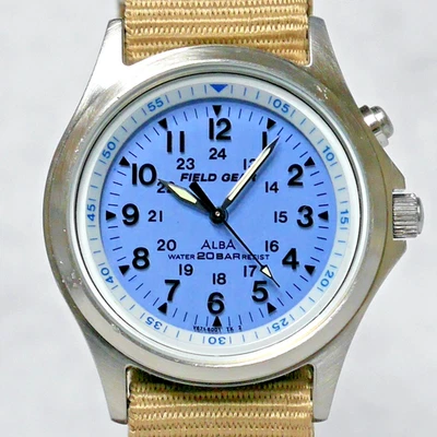 SEIKO ALBA FIELD GEAR Military Watch V671-6001 1995 Blue Backlight Khaki Japan - Image 1 of 4
