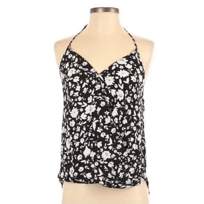 Camiseta sin mangas Aqua halter cuello en V negra blanca floral talla S Preppy delicada coqueta nueva con etiquetas Foto 1 de 4