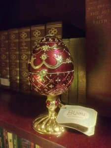 Bijou Music Box Collection Ruby Red Jeweled & Enameled Music Egg, Feline Figure - Picture 1 of 12