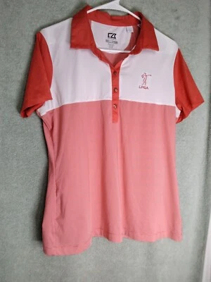 Camisa polo feminina LPGA Cutter & Buck DryTec tamanho G laranja branca manga curta - Imagem 1 de 4