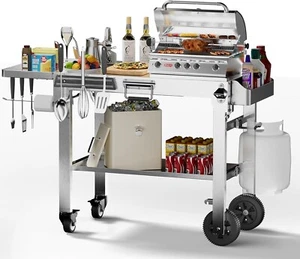 Portable Stainless Steel Outdoor Folding Grill Table with 4 Swivel Casters - Picture 1 of 9