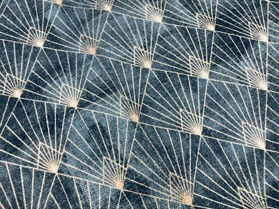 Diamond Peacock Fan Fabric Art Deco Damask Curtains 125" wide Navy Blue & Silver - Image 1 of 4