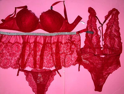 Victoria's Secret 32DDD, 34DDD, 36DDD CONJUNTO SUJETADOR + liga + M TEDDY ROJO ENCAJE CORREA BRILLANTE Foto 1 de 4