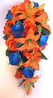 Wedding Bouquet Bridal Silk Flowers 17 pc package ORANGE ROYAL Blue CALLA LILY