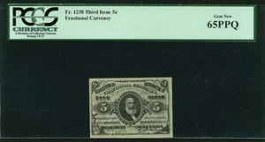 U.S. 1864-69 5 CENT FRACTIONAL CURRENCY FR-1238 CERTIFIED BY PCGS GEM NEW 65-PPQ - Picture 1 of 2