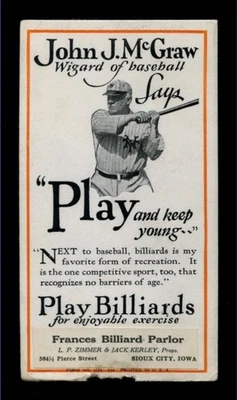 RARO aprox. Blotter de tinta "Play Billiards" de la década de 1910 *** JOHN McGRAW *** New York Giants  Foto 1 de 2