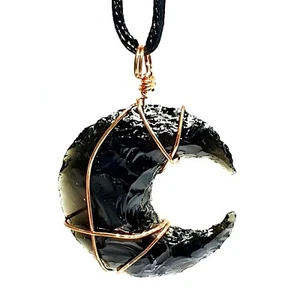 Obsidian Moon Necklace Pendant Copper Wire Wrapped Crystal Gemstone Protection - Picture 1 of 14