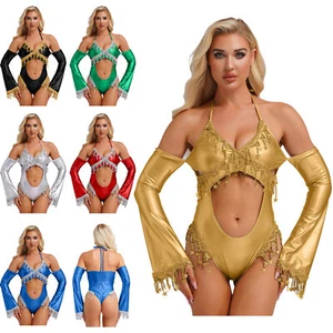 Damen Overall Jubiläum Trikot Neckholder Bodysuit Party Catsuit Langarm Quaste - Bild 1 von 50