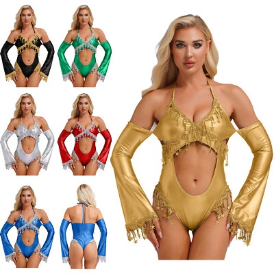 Damen Bodysuit Sexy Overall Neckholder Trikot Funkelnd Catsuit Bühnenshow Rave - Bild 1 von 3
