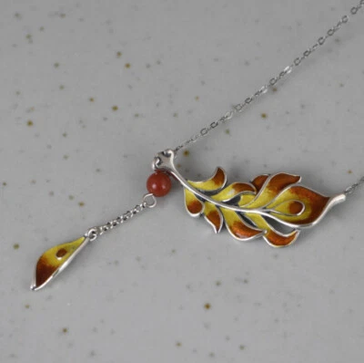 I05 Collier Cloisonne Pfau Gelb-Braune Piuma di Pavone Argento Sterling 925 - Immagine 1 di 4