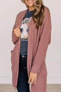 I AM A FASHION JUNKY Mineral Red Solid Color Waffle Knit Cardigan with Pocket - Picture 1 of 8