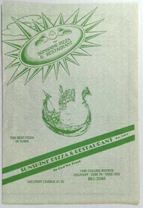 Vintage Menu SUNSHINE PIZZA Restaurant 7345 Collins Unknown Mystery City State - Picture 1 of 3