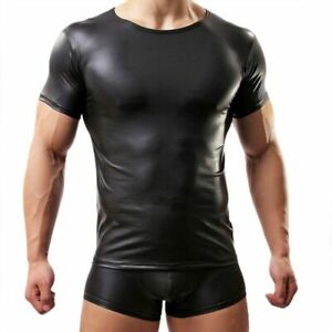 Men Faux Leather Short Sleeve Top Shirt Slim T-shirt PU Wet-Look Tee Stretch Top