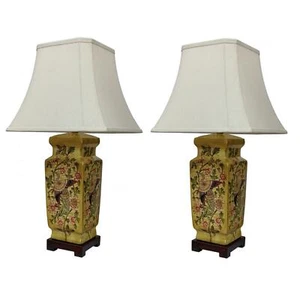 Pair of Chinese Pillar Vase Lamps + Shades - Golden Phoenix + Flowers - Picture 1 of 3