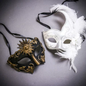 Black Gold Roman Greek Emperor & White Side Feather Glitter Couple Masks Set - Picture 1 of 4