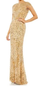 Maxi Vestido Mac Duggal Dorado Cuentas Flecos Formal Lentejuelas Talla 14 Manga Gorra - Imagen 1 de 14