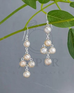 925 Sterling Silver Natural Pearl Gemstone Dangle Earring For Woman & Girls JE02 - Picture 1 of 4