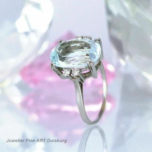 Anillo En 585 Oro Blanco Con 1 Aguamarina 2,20 CT 4 Diamantes 0,12 Qt. W/ Vsi - Imagen 1 de 10
