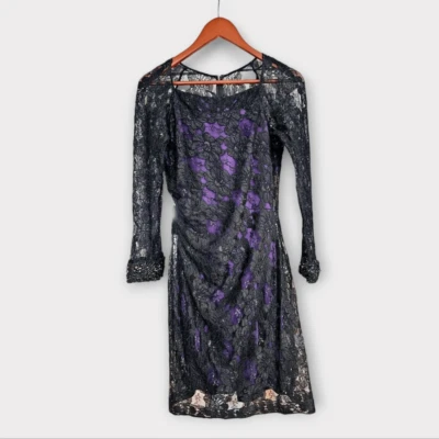 Vestido de cóctel David Meister de encaje superpuesto con cuentas acanaladas manga larga en púrpura 12 Foto 1 de 4