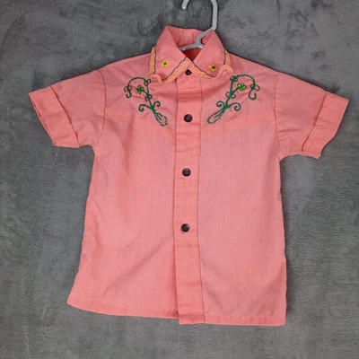 Vintage Kmart Western Button Up Shirt 3T Unisex Salmon Embroidered Poly Cotton  - Image 1 of 4