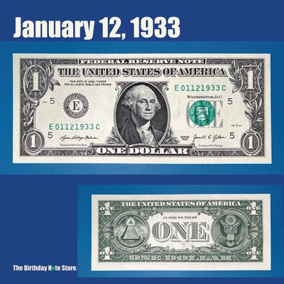 January 12, 1933 Birthday Anniversary $1 One Dollar Bill Serial Number 01121933 - Image 1 of 2