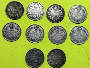 Lot of 10 SILVER Canadian Dimes (7 Different Dates - 1901 - 1919) G to XF - Picture 1 of 2