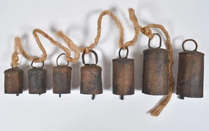 Set of 7 Antique Rustic Metal Farm Bells Folk Handmade Primitive Old - Picture 1 of 6