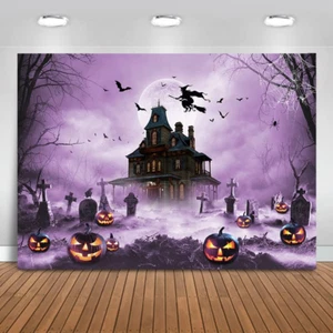 Halloween Photography Backdrop Scary Night Graveyard Full Moon Background (7x5ft - Picture 1 of 12
