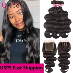 UNice Peruvian Body Wave 3 Bundles Human Hair Extensions with Lace Closure Weave - Picture 1 of 12