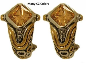 CZ swarovski stone Topaz earrings silver yellow gold 18k half hoop champagne New - Picture 1 of 6