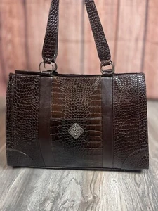 COLDWATER CREEK BROWN BLACK FAUX CROC LEATHER EMBOSSED SATCHEL TOTE 16X11.5X4 - Picture 1 of 8
