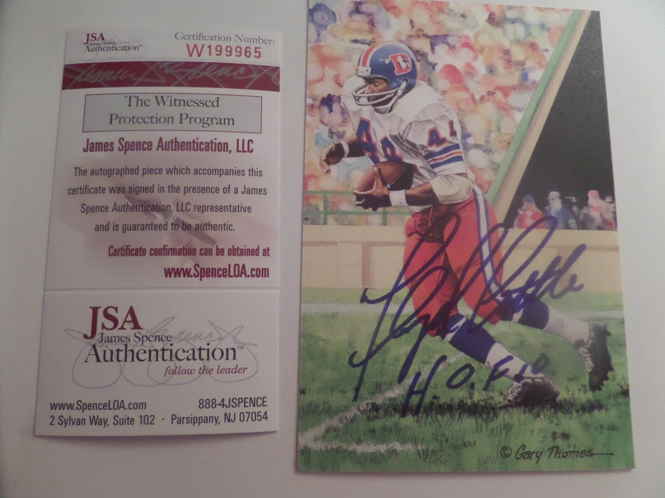 Floyd Little signed Goal Line Art Card, JSA, HOF 10 - Image 1 of 1