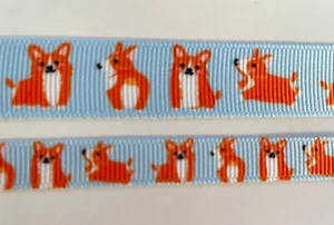 Corgi Dog light blue Grosgrain ribbon 3/8" 5/8 7/8" Adorable happy jumping - Picture 1 of 3