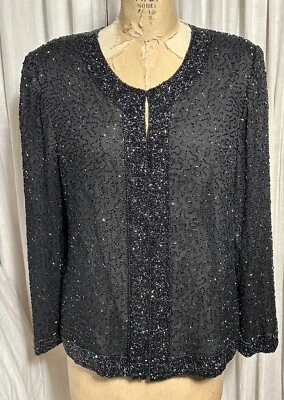Chaqueta/top vintage de gasa de seda con cuentas negras Laurence Lazar para mujer talla L usada Foto 1 de 4