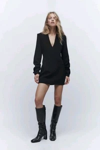 NWT Long Sleeve Mini Dress Thick V CutZara Pocket Blazer Mini Dress Black Size L - Picture 1 of 16