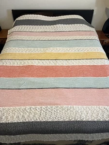 Shabby Chic Throw Blanket 88x70” STRIPED BEAUTIFUL Chenille Pink Blue Pastel Yel - Picture 1 of 14