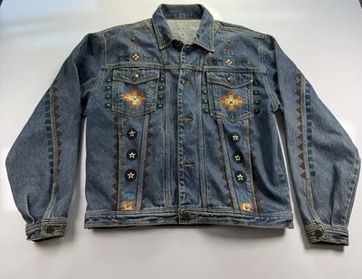 Chaqueta De Colección 90 Sunbelt Denim L Azteca Tachonada Pintada Oeste Suroeste Abotonada Foto 1 de 4