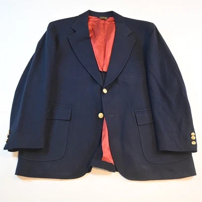 Vtg 48S Navy Blue Flannel Wool Gold Button Mens Blazer Suit Jacket Sport Coat - Image 1 of 4